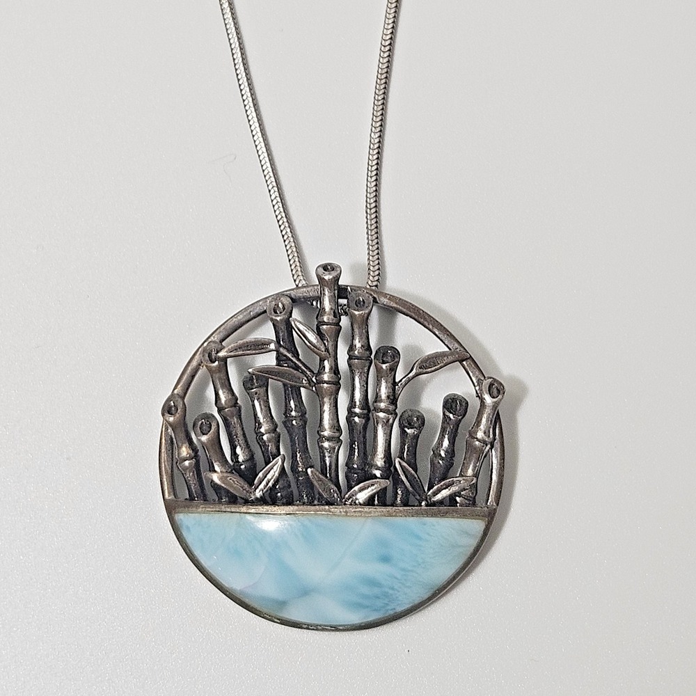 Marahlago Larimar Sterling Silver Necklace Bambo Large Pendant 22" Adjustable